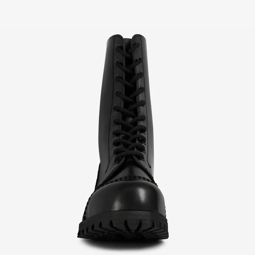 COMMANDO - 10 EYELET STEEL CAP BOOT - BLACK LEATHER - SINGLE SOLE