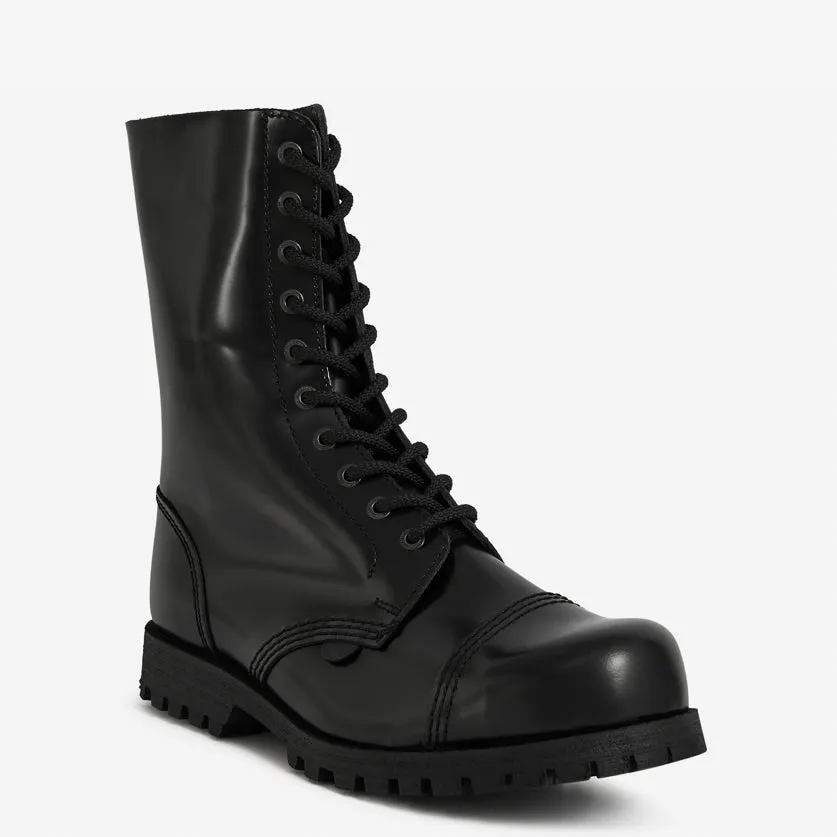 COMMANDO - 10 EYELET STEEL CAP BOOT - BLACK LEATHER - SINGLE SOLE