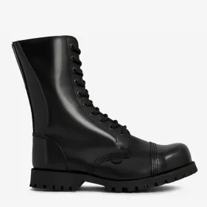 COMMANDO - 10 EYELET STEEL CAP BOOT - BLACK LEATHER - SINGLE SOLE