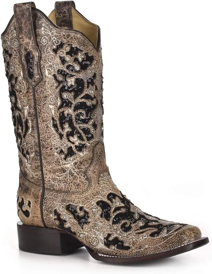 CORRAL A3648 Floral Embroidered Glitter Inlay and Studs Square Toe Boots