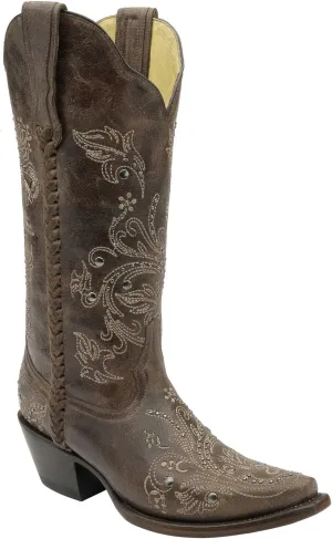 Corral Women's Chocolate Floral Whip Stitch and Studs Snip Toe Cowboy Boots G1129 (9 B(M) US)