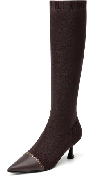 COSY Women's Knit Pointed Toe High Boots, Stretch High Booties for Women, Comfortable Fall Winter Casual Shoes