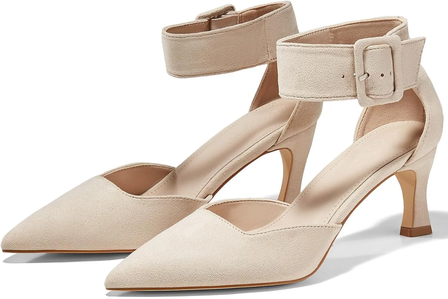 Coutgo Womens Kitten Low Heels Closed Pointed Toe Ankle Buckle Strap Pumps Suede Dress Wedding Shoes