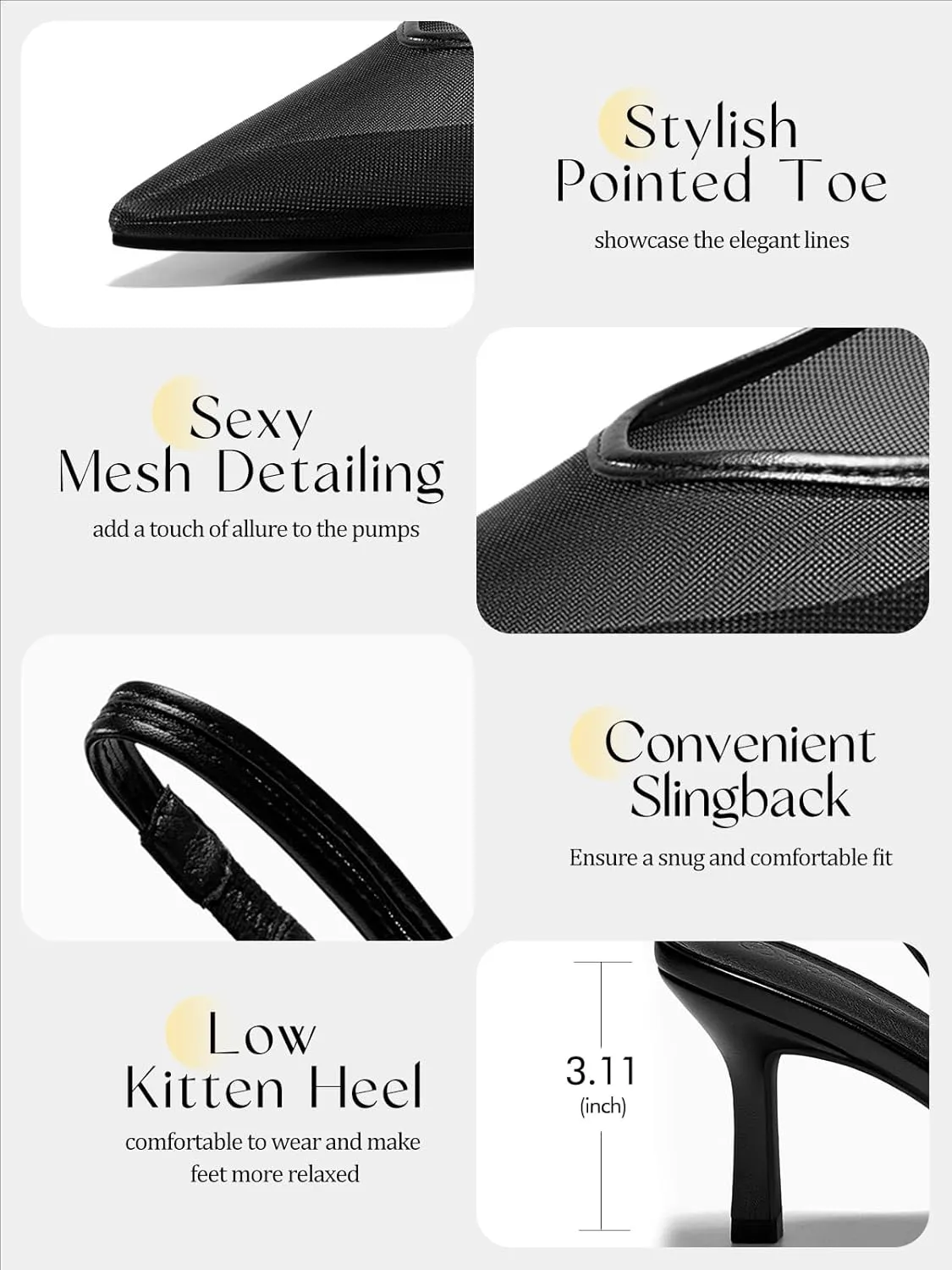 Coutgo Womens Mesh Slingback Kitten Heels Pointed Toe Low Heel Pumps Sexy Dress Shoes