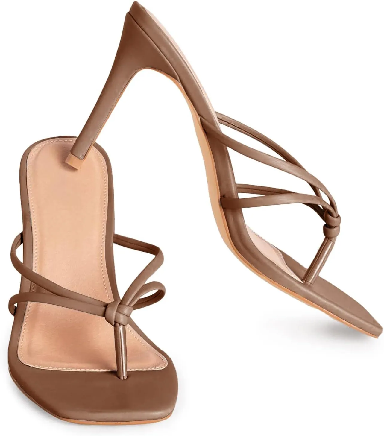 Coutgo Womens Strappy Heeded Sandals Square Toe Flip Flops Fashion Stiletto Thong Slip On Sandals