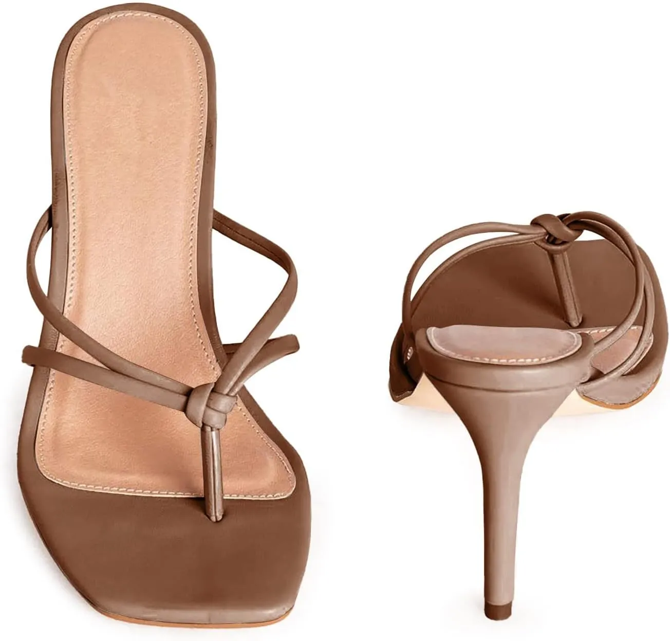 Coutgo Womens Strappy Heeded Sandals Square Toe Flip Flops Fashion Stiletto Thong Slip On Sandals