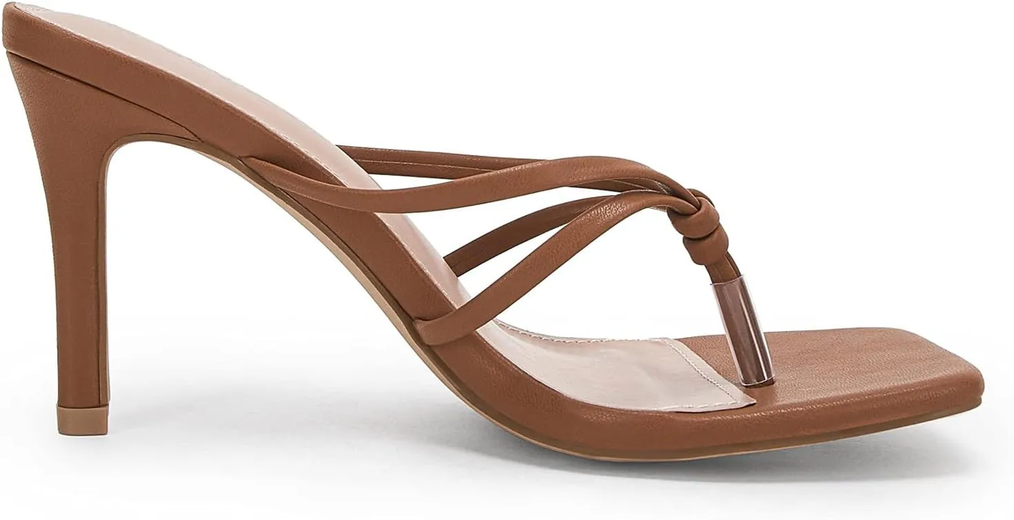 Coutgo Womens Strappy Heeded Sandals Square Toe Flip Flops Fashion Stiletto Thong Slip On Sandals