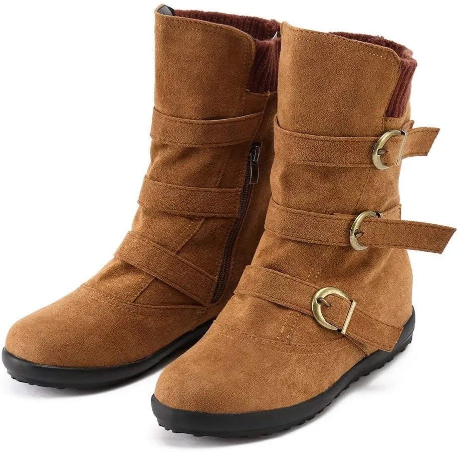 Cowgirl Boots for Women Low Heel with Ring Buckle Ankle Boots Casual Side Zipper Flat Heel Booties for Ladies