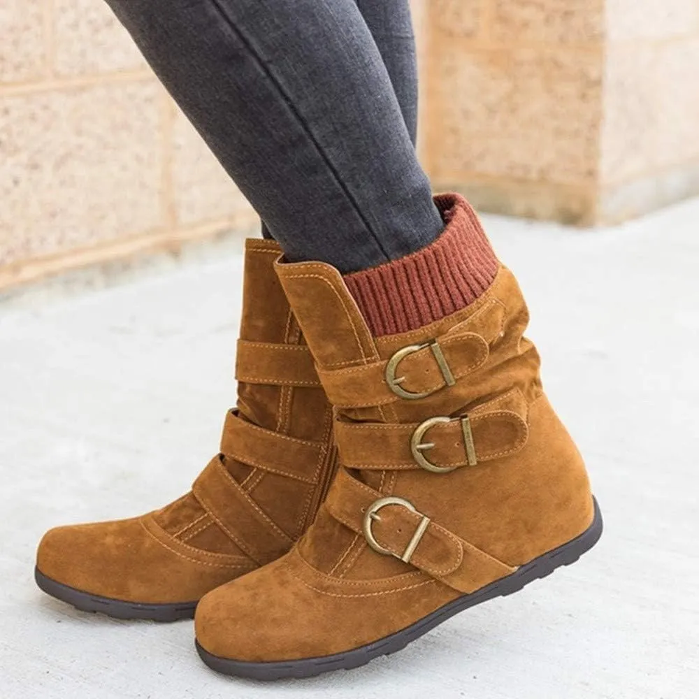 Cowgirl Boots for Women Low Heel with Ring Buckle Ankle Boots Casual Side Zipper Flat Heel Booties for Ladies