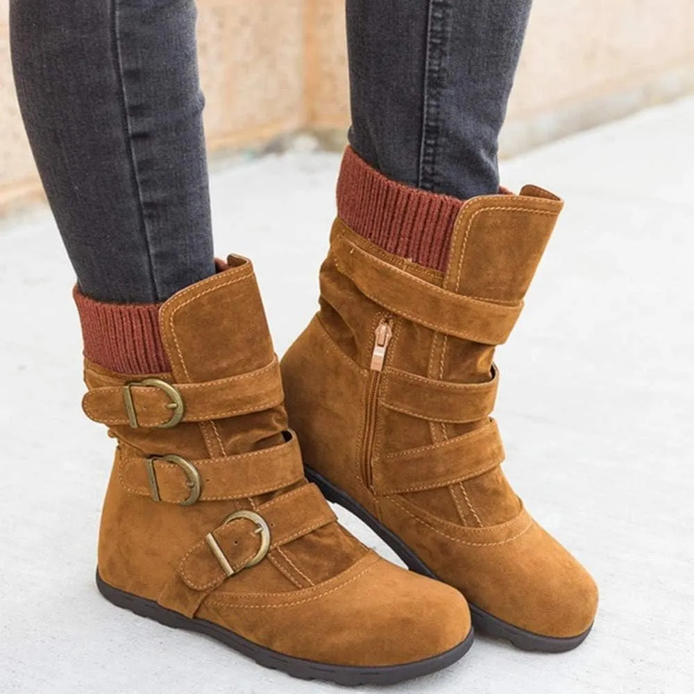 Cowgirl Boots for Women Low Heel with Ring Buckle Ankle Boots Casual Side Zipper Flat Heel Booties for Ladies
