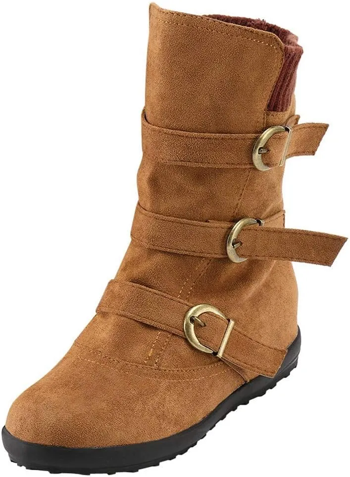 Cowgirl Boots for Women Low Heel with Ring Buckle Ankle Boots Casual Side Zipper Flat Heel Booties for Ladies