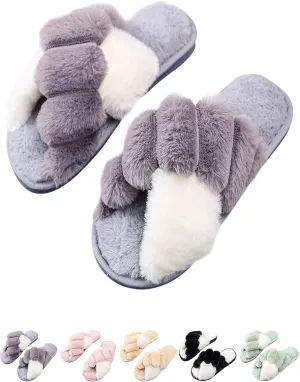 Cozy House Slippers for Women for Indoor and Outdoor Fuzzy Slip On Womens Slippers with Cross Band Open Toe Soft Plush Fleece House Shoes
