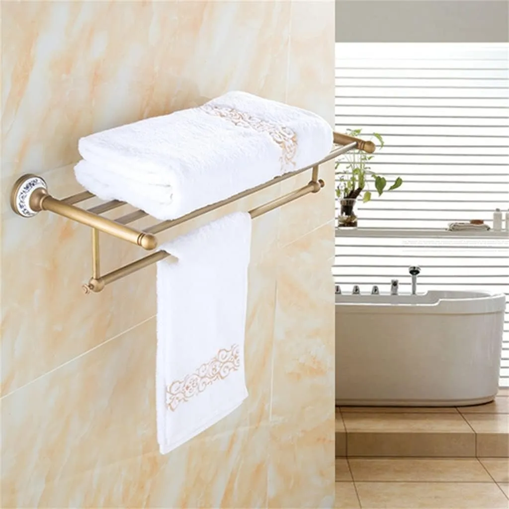 CSCDD Solid Brass Bathroom Towel Rack, Antique Brass Towel Holder, Corner Bath Towel Shelf Accessories