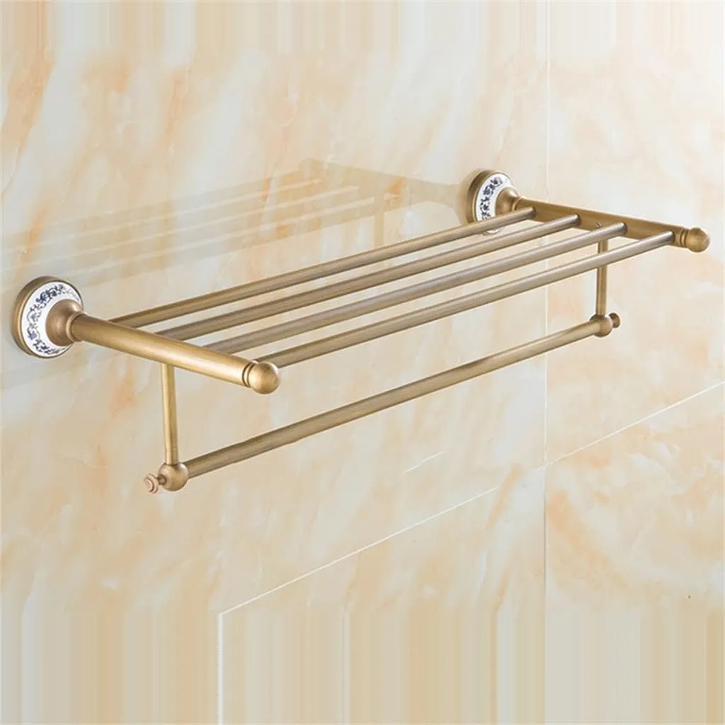 CSCDD Solid Brass Bathroom Towel Rack, Antique Brass Towel Holder, Corner Bath Towel Shelf Accessories