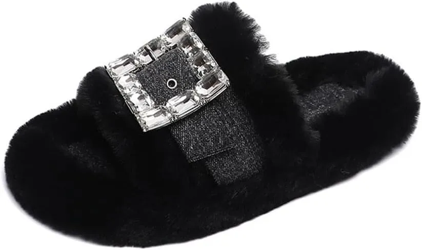 CSCDD Thick-Soled Woolen Shoes for Women Autumn and Winter with Velvet Wear Rhinestone Plush Slippers(E,39)