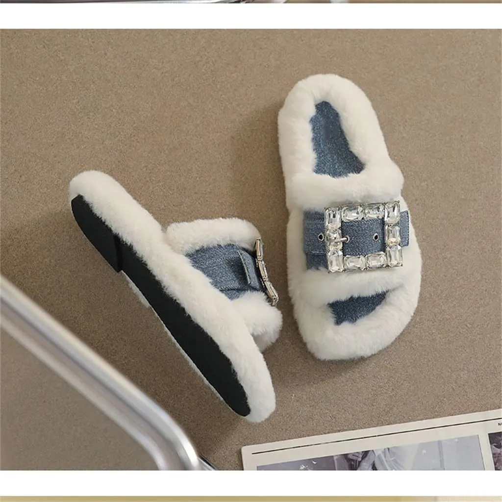 CSCDD Thick-Soled Woolen Shoes for Women Autumn and Winter with Velvet Wear Rhinestone Plush Slippers(E,39)