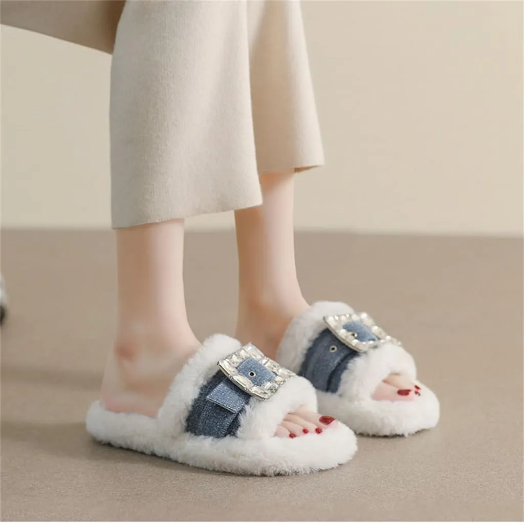 CSCDD Thick-Soled Woolen Shoes for Women Autumn and Winter with Velvet Wear Rhinestone Plush Slippers(E,39)