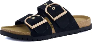 CUSHIONAIRE Brook Women’s Suede Double-Buckle Cork Footbed Slide Sandals with Memory Foam Comfort