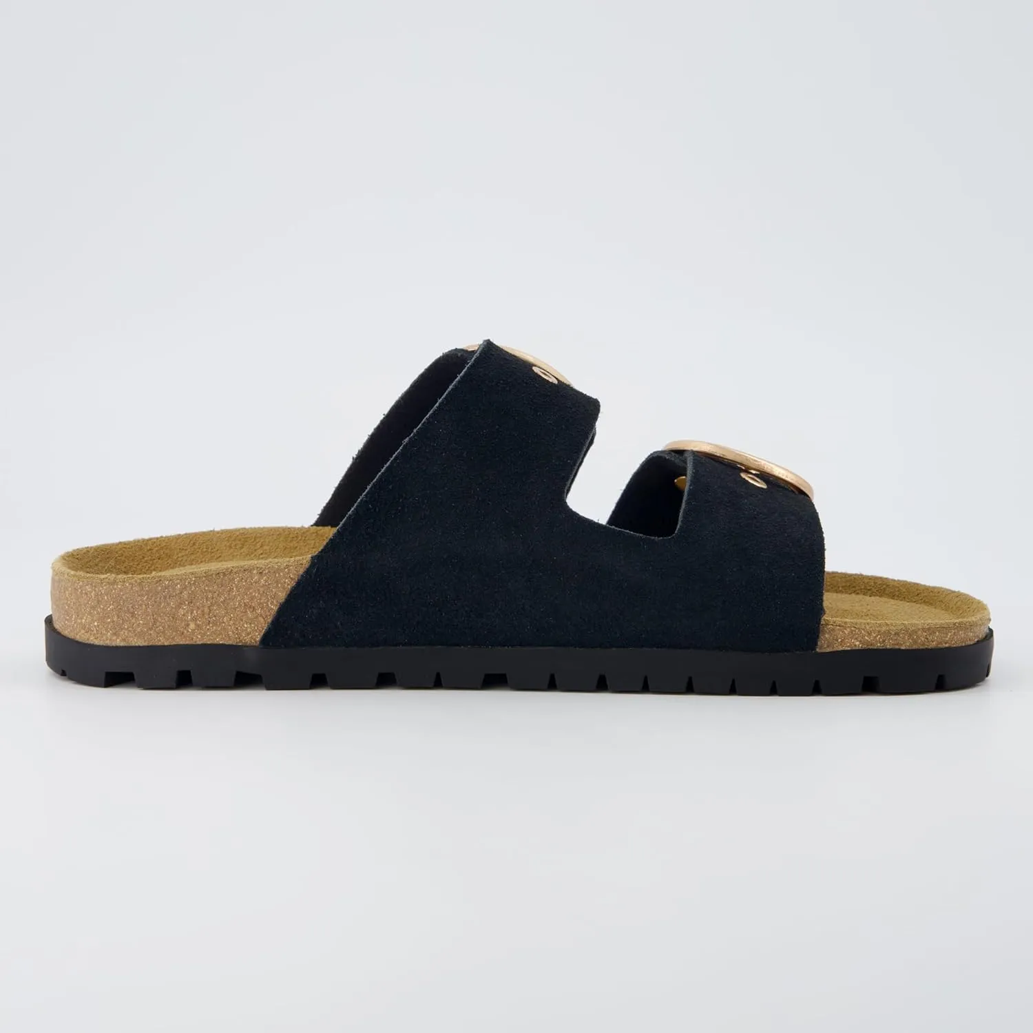 CUSHIONAIRE Brook Women’s Suede Double-Buckle Cork Footbed Slide Sandals with Memory Foam Comfort