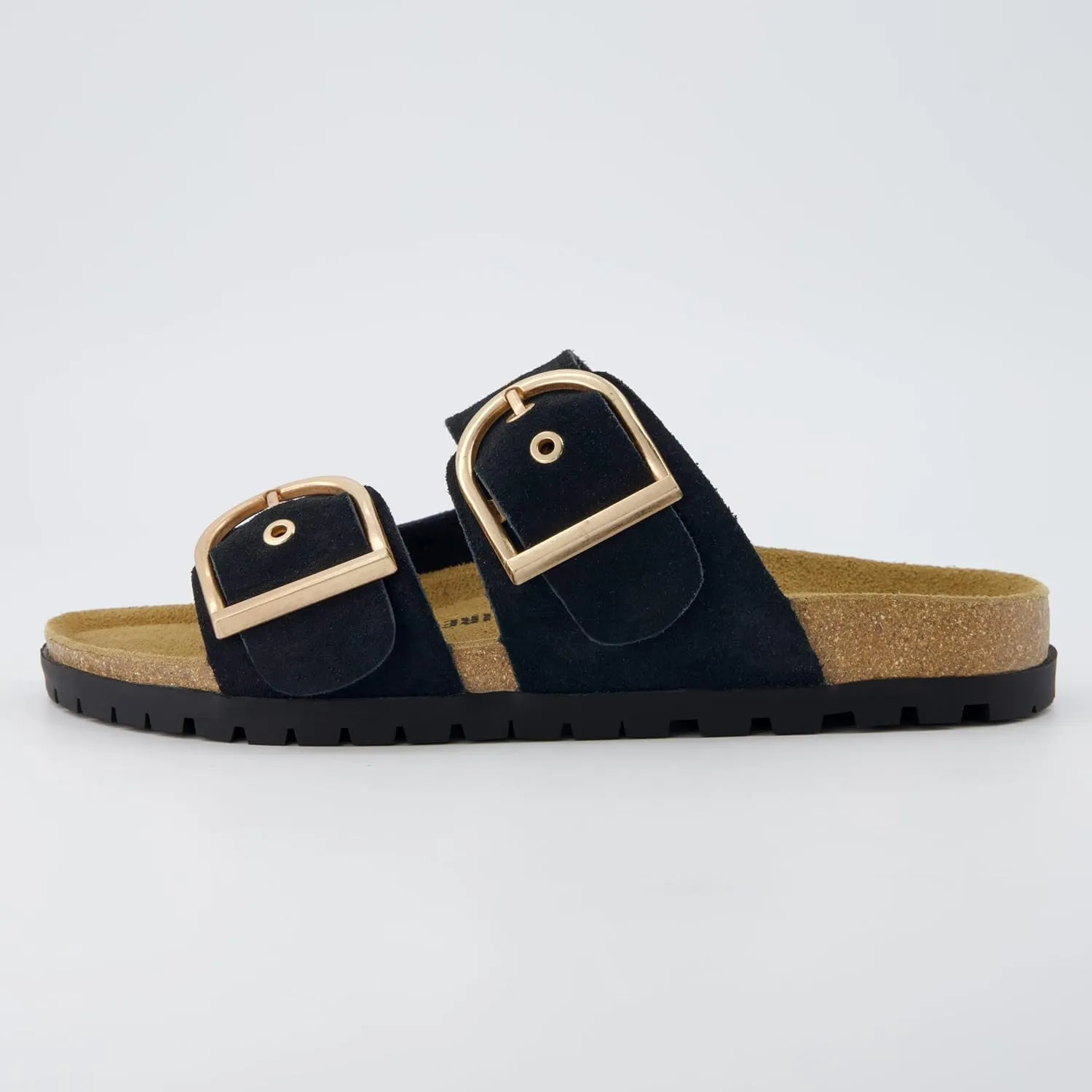 CUSHIONAIRE Brook Women’s Suede Double-Buckle Cork Footbed Slide Sandals with Memory Foam Comfort