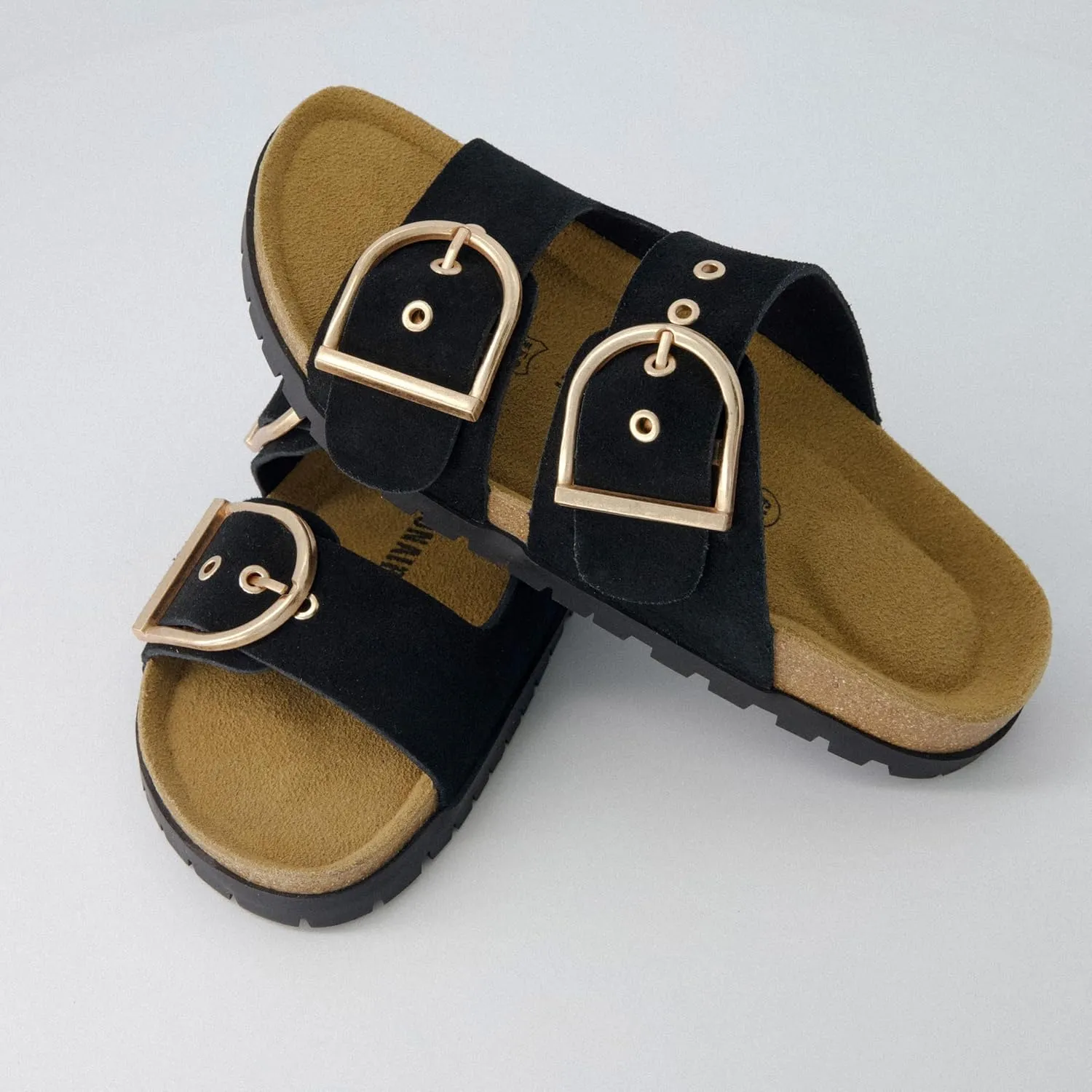 CUSHIONAIRE Brook Women’s Suede Double-Buckle Cork Footbed Slide Sandals with Memory Foam Comfort