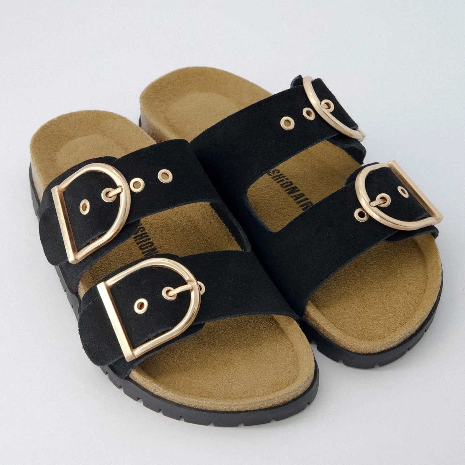 CUSHIONAIRE Brook Women’s Suede Double-Buckle Cork Footbed Slide Sandals with Memory Foam Comfort