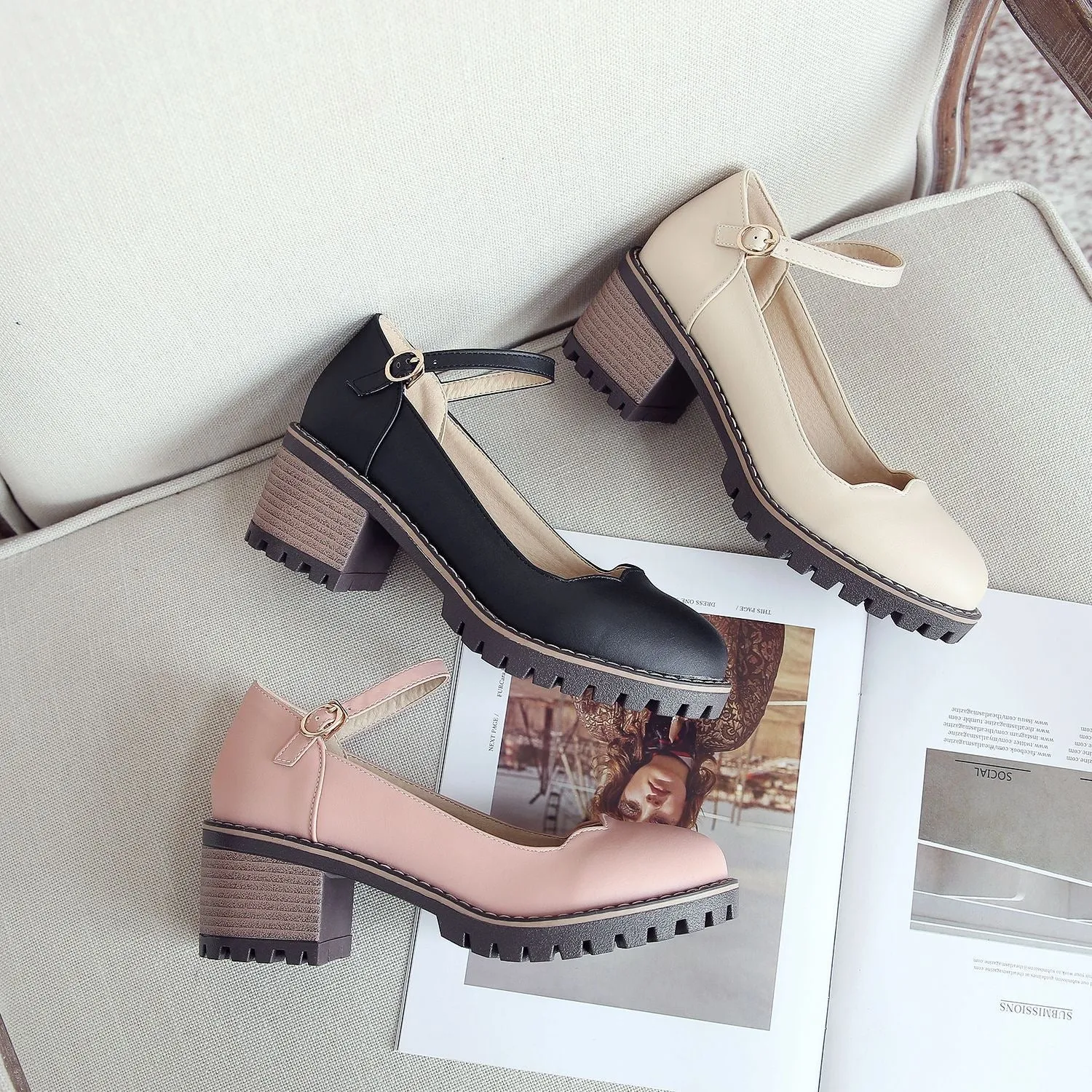 Cute Ankle Cross Strap Block Heel Mary Jan Shoes