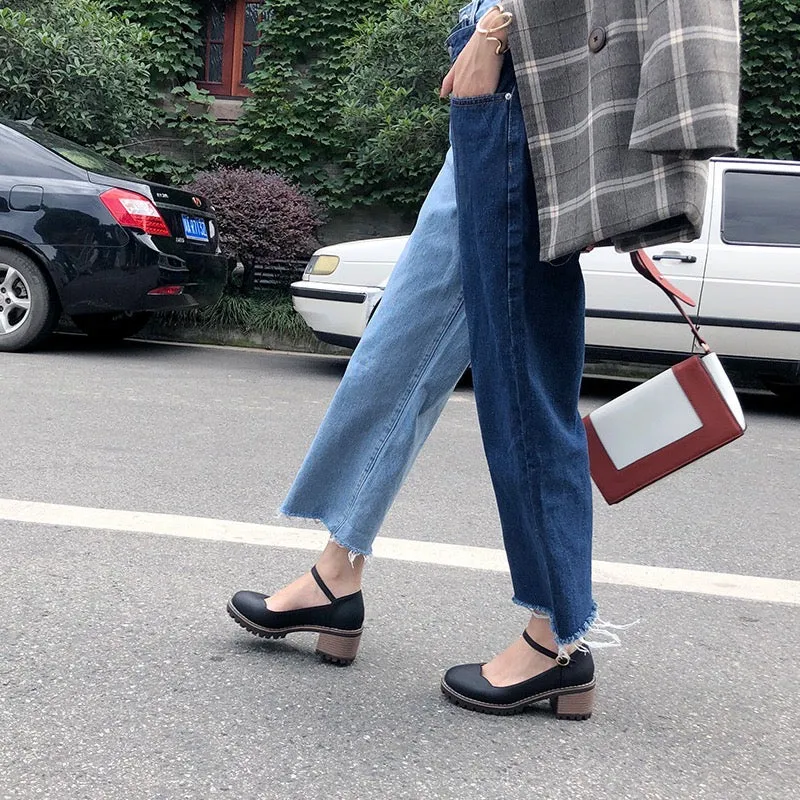 Cute Ankle Cross Strap Block Heel Mary Jan Shoes