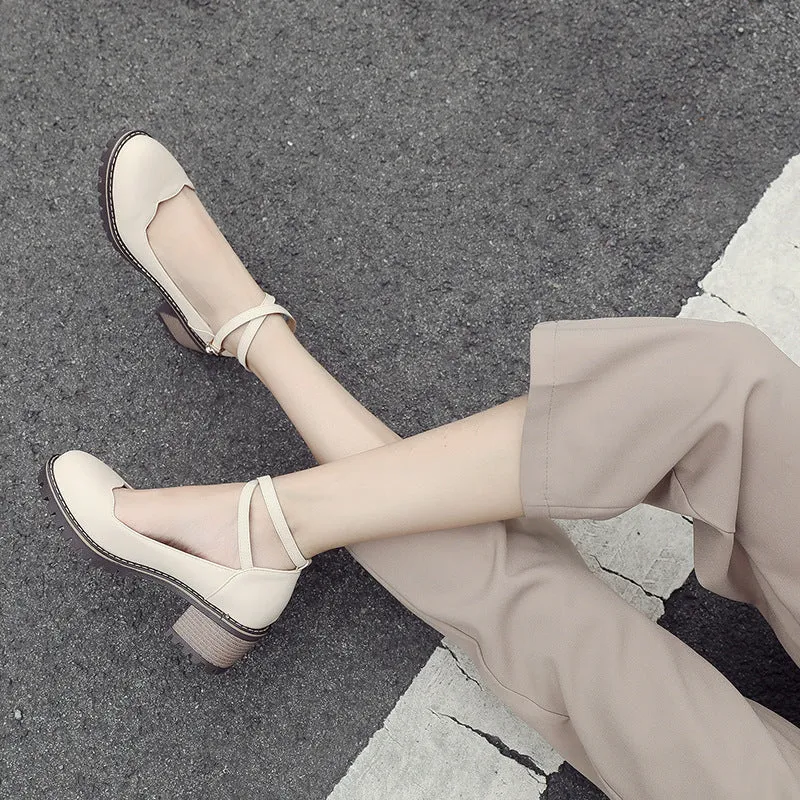 Cute Ankle Cross Strap Block Heel Mary Jan Shoes
