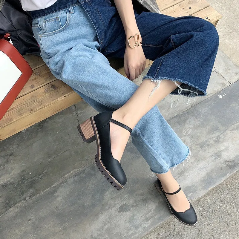 Cute Ankle Cross Strap Block Heel Mary Jan Shoes