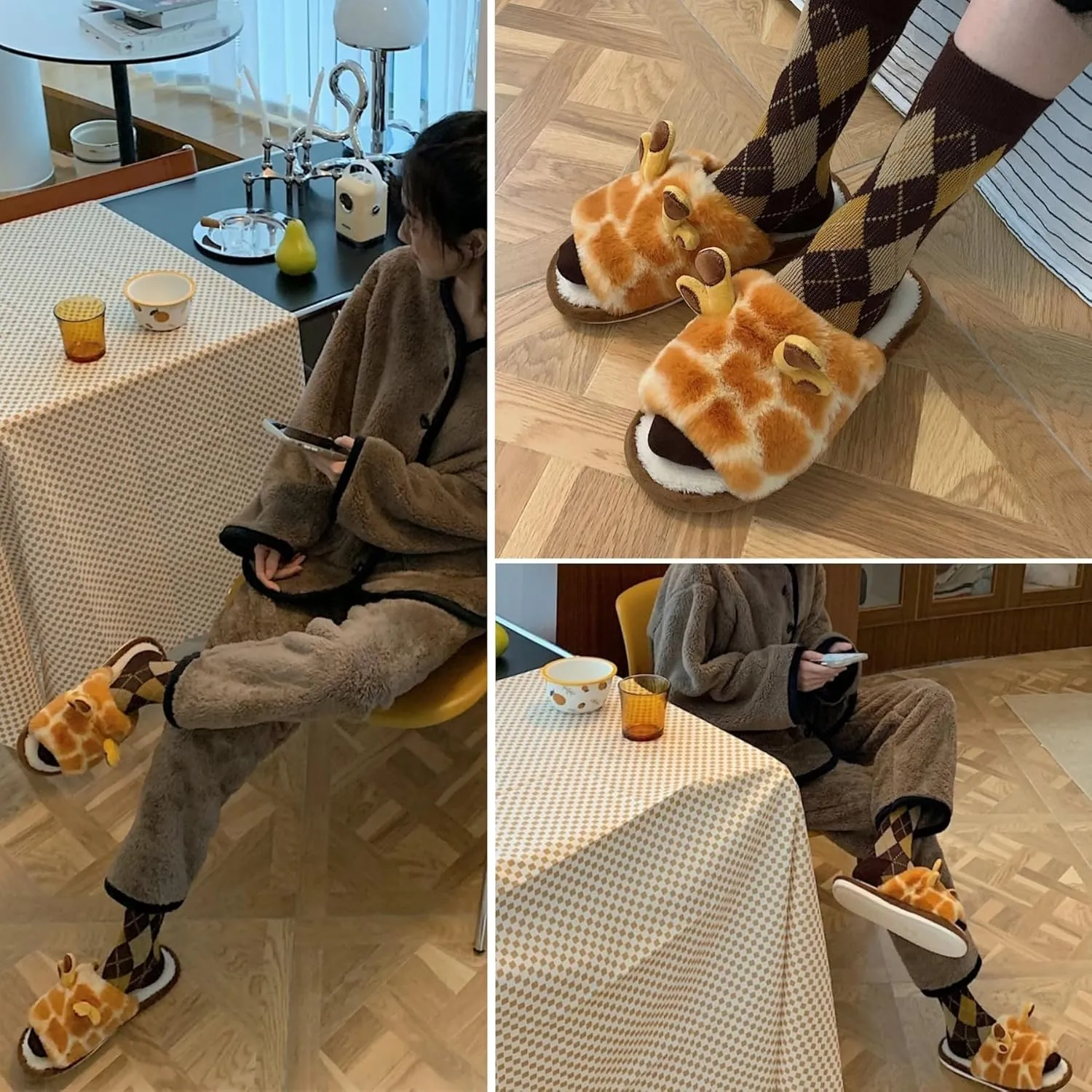 Cute Giraffe Slippers for Women Indoor Fun Cozy Plush Cotton Home Slides Winter Warm Animal Themed Shoes Soft Fleece Non Slip House Slipper