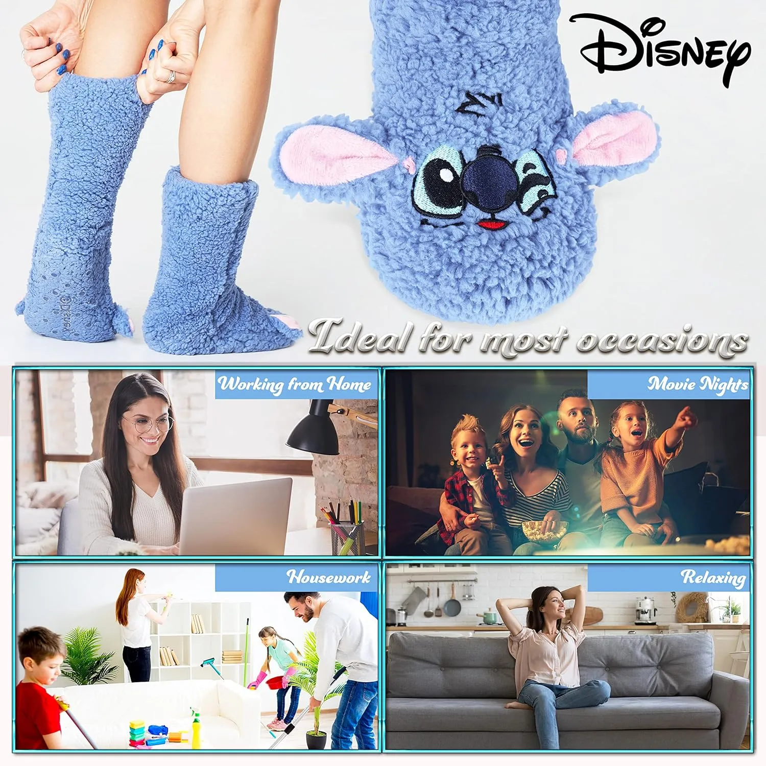 Disney Stitch Fluffy Socks Women Super Soft Fleece Slipper Socks Minnie Mouse Baby Yoda Grip Socks Stitch Gifts
