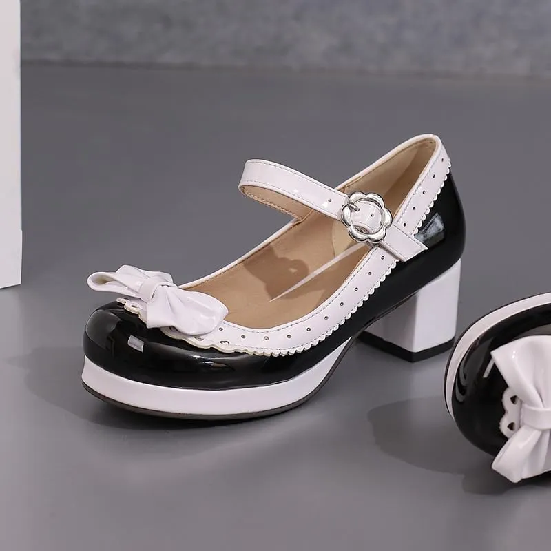 Elbslutt Women's Cute Lolita Cosplay Shoes Low Mid Chunky Heel Buckle Strap Round Toe Mary Jane Pumps Mid Block Heel Pumps with Bows Sweet Lolita Tea Party Shoes