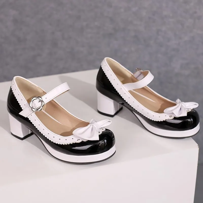 Elbslutt Women's Cute Lolita Cosplay Shoes Low Mid Chunky Heel Buckle Strap Round Toe Mary Jane Pumps Mid Block Heel Pumps with Bows Sweet Lolita Tea Party Shoes