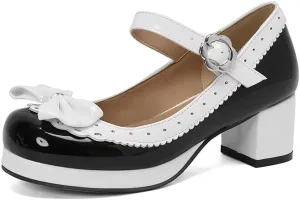 Elbslutt Women's Cute Lolita Cosplay Shoes Low Mid Chunky Heel Buckle Strap Round Toe Mary Jane Pumps Mid Block Heel Pumps with Bows Sweet Lolita Tea Party Shoes