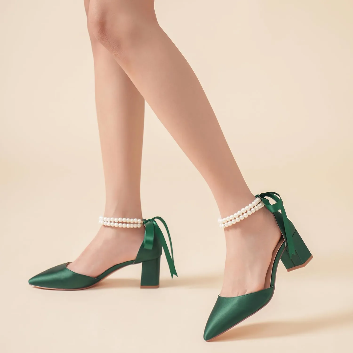 Elivandon J1585 Women's Satin Pointed Toe Mid-Heel Evening Sandals 2.36 inches Block Heel Bridal Party Wedding Pumps with Double Pearl Strap
