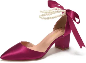Elivandon J1585 Women's Satin Pointed Toe Mid-Heel Evening Sandals 2.36 inches Block Heel Bridal Party Wedding Pumps with Double Pearl Strap