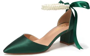 Elivandon J1585 Women's Satin Pointed Toe Mid-Heel Evening Sandals 2.36 inches Block Heel Bridal Party Wedding Pumps with Double Pearl Strap