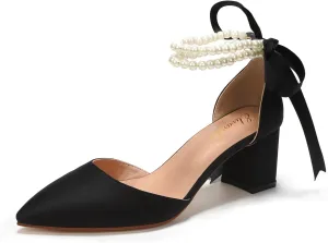 Elivandon J1585 Women's Satin Pointed Toe Mid-Heel Evening Sandals 2.36 inches Block Heel Bridal Party Wedding Pumps with Double Pearl Strap