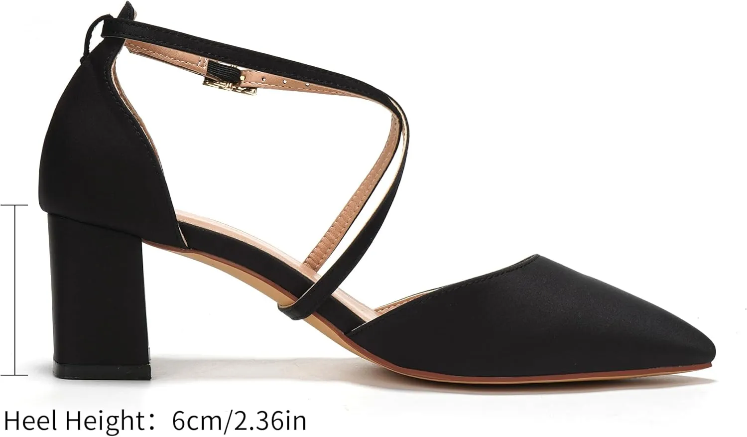 Elivandon J1586 Women's Satin Pointed Toe Mid-Heel Evening Sandals 2.36 inches Block Heel Bridal Party Wedding Pumps with Long Strap