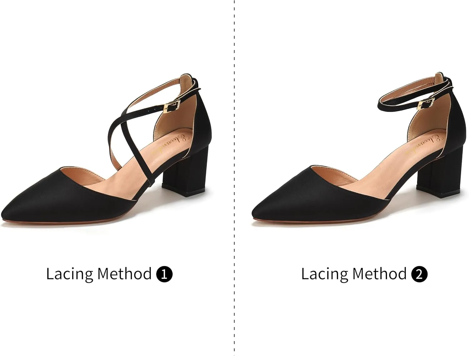 Elivandon J1586 Women's Satin Pointed Toe Mid-Heel Evening Sandals 2.36 inches Block Heel Bridal Party Wedding Pumps with Long Strap