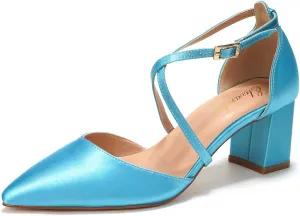 Elivandon J1586 Women's Satin Pointed Toe Mid-Heel Evening Sandals 2.36 inches Block Heel Bridal Party Wedding Pumps with Long Strap