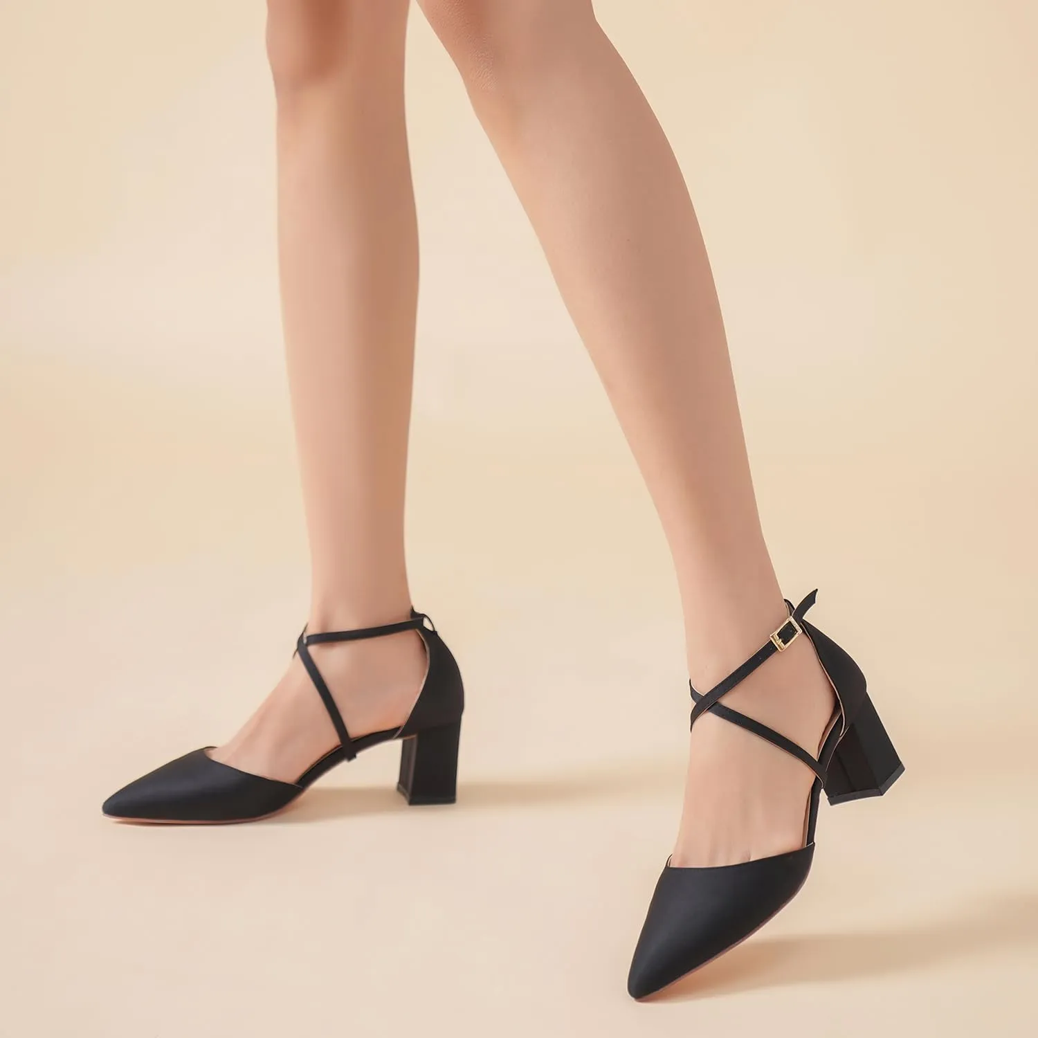 Elivandon J1586 Women's Satin Pointed Toe Mid-Heel Evening Sandals 2.36 inches Block Heel Bridal Party Wedding Pumps with Long Strap