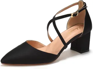 Elivandon J1586 Women's Satin Pointed Toe Mid-Heel Evening Sandals 2.36 inches Block Heel Bridal Party Wedding Pumps with Long Strap