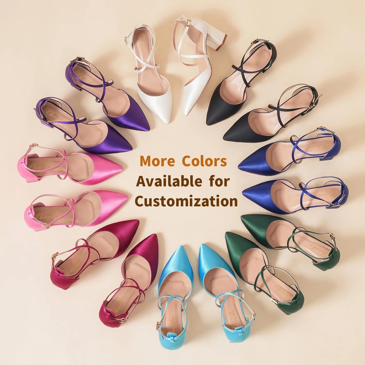Elivandon J1586 Women's Satin Pointed Toe Mid-Heel Evening Sandals 2.36 inches Block Heel Bridal Party Wedding Pumps with Long Strap