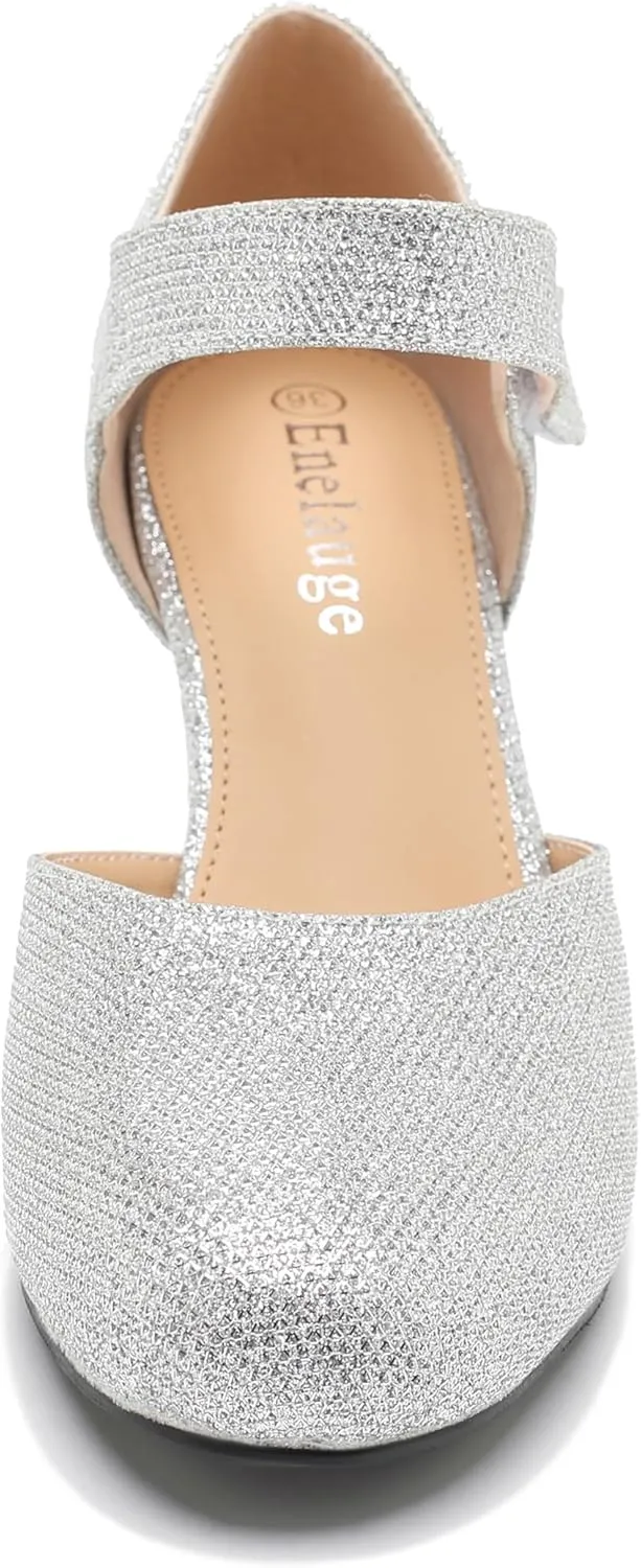 Enelauge Women's Ankle Strap Block Chunky Heels Closed Round Toe Pumps D'Orsay Comfortable Vintage Dressy Bridal Wedding Party Shoes