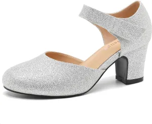 Enelauge Women's Ankle Strap Block Chunky Heels Closed Round Toe Pumps D'Orsay Comfortable Vintage Dressy Bridal Wedding Party Shoes