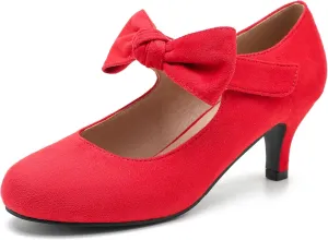 Enelauge Women's Bow Mary Jane Pumps Low Kitten Heels Round Toe Ankle Strap Wedding Office Work Dress Evening Party Shoes
