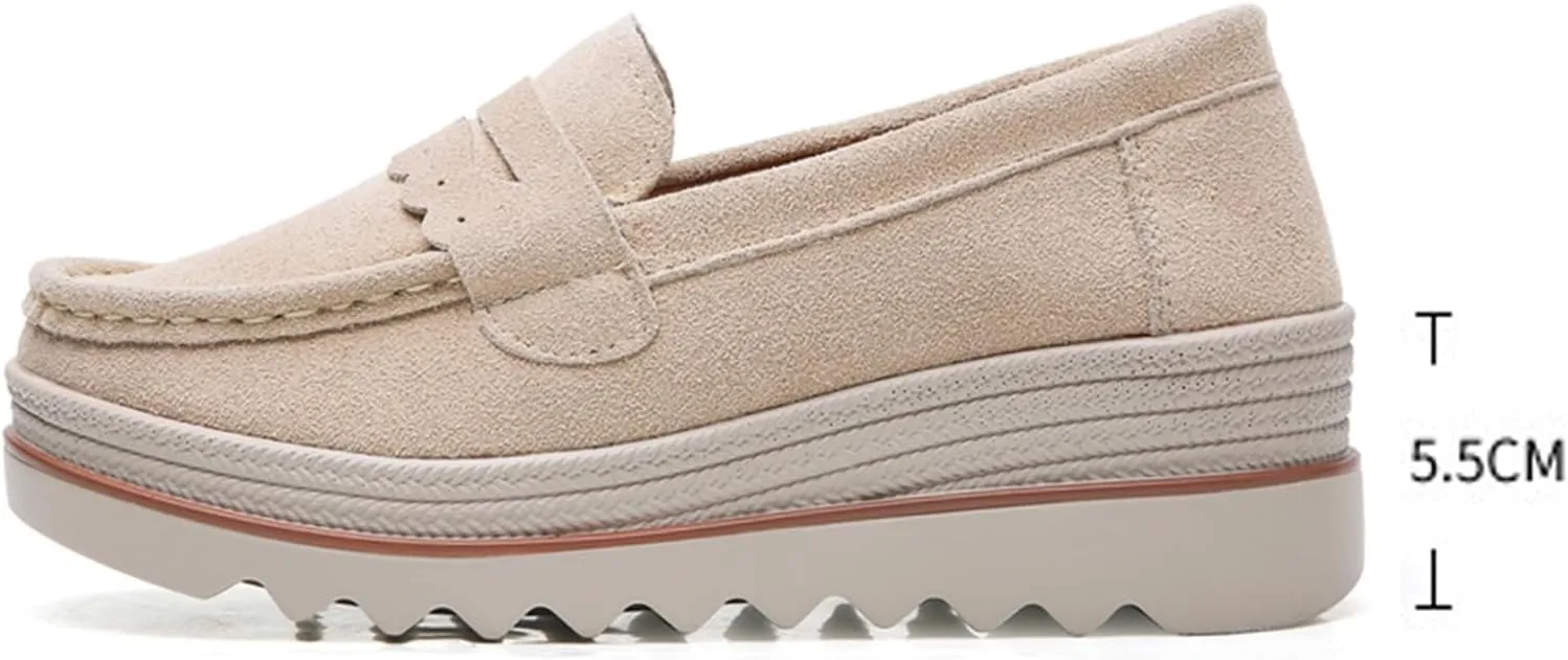 EnllerviiD Women's Platform Loafers Slip-On Comfortable Suede Moccasins Wedge Penny Loafers Thick Soft Platform Lightweight Casual Business Work Shoes