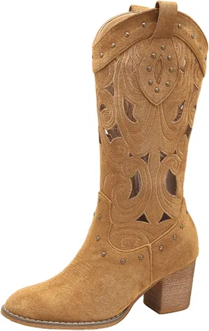 ErikenUrben Women Western Cowboy Boots Stacked Heel Mesh Cowgirl Boots Wide Calf
